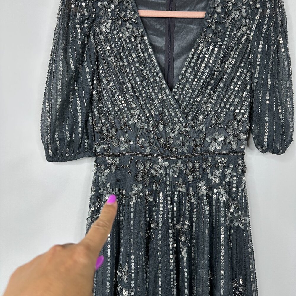 FLAW - Mac Duggal Puff Quarter Length Sleeve V-Neck Dress Pewter 2 #A0076 - Picture 5 of 11